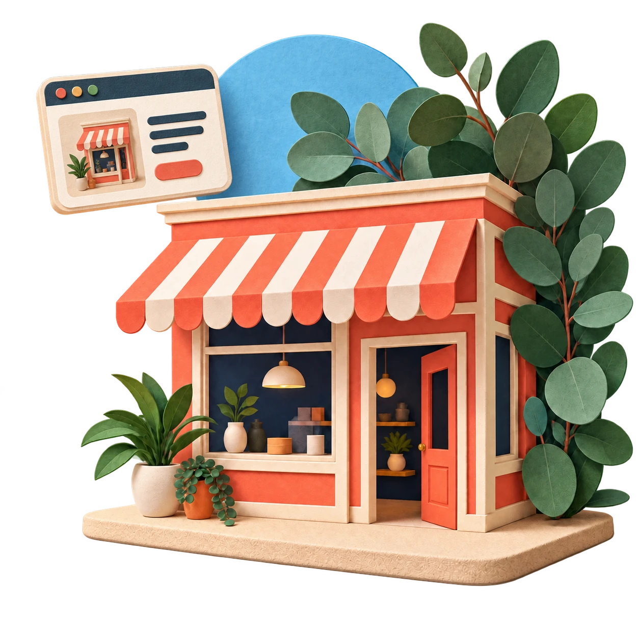 A little coral shop and its matching handmade website, with green leaves and a blue paper sun.